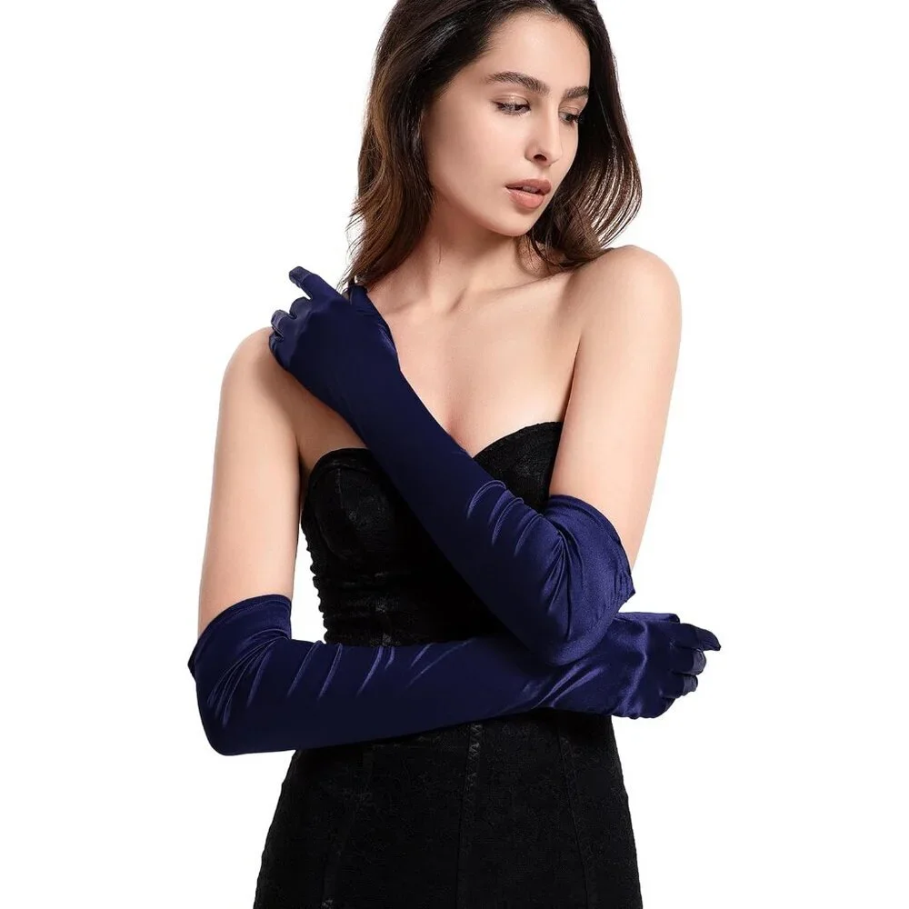 Women's Evening Navy Long Satin Gloves Elbow Length Formal Party Prom Wear